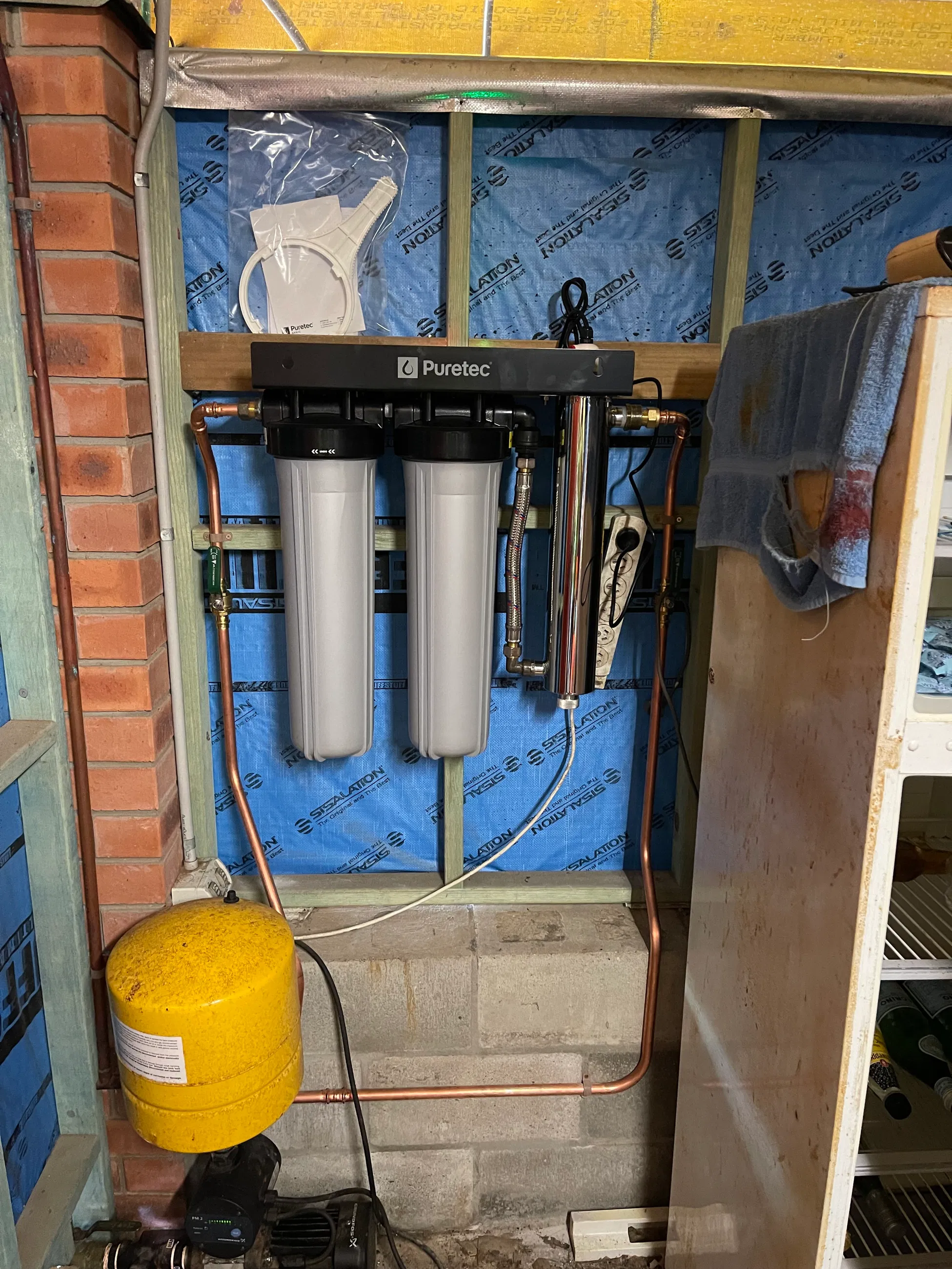 Puretec whole-house water filtration and UV sterilisation system installed with copper pipework